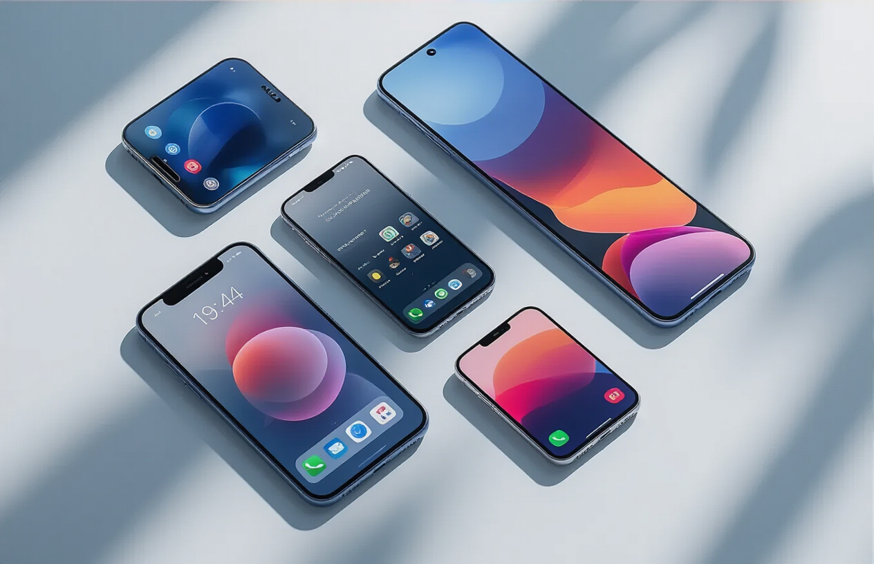 Create a realistic image of several modern smartphones arranged elegantly on a clean white surface with soft natural lighting, featuring different models displaying their home screens, with a subtle gradient background transitioning from light blue to white, emphasizing the premium yet affordable nature of the devices, with some smartphones positioned at slight angles to showcase their sleek designs and screen quality, absolutely NO text should be in the scene.