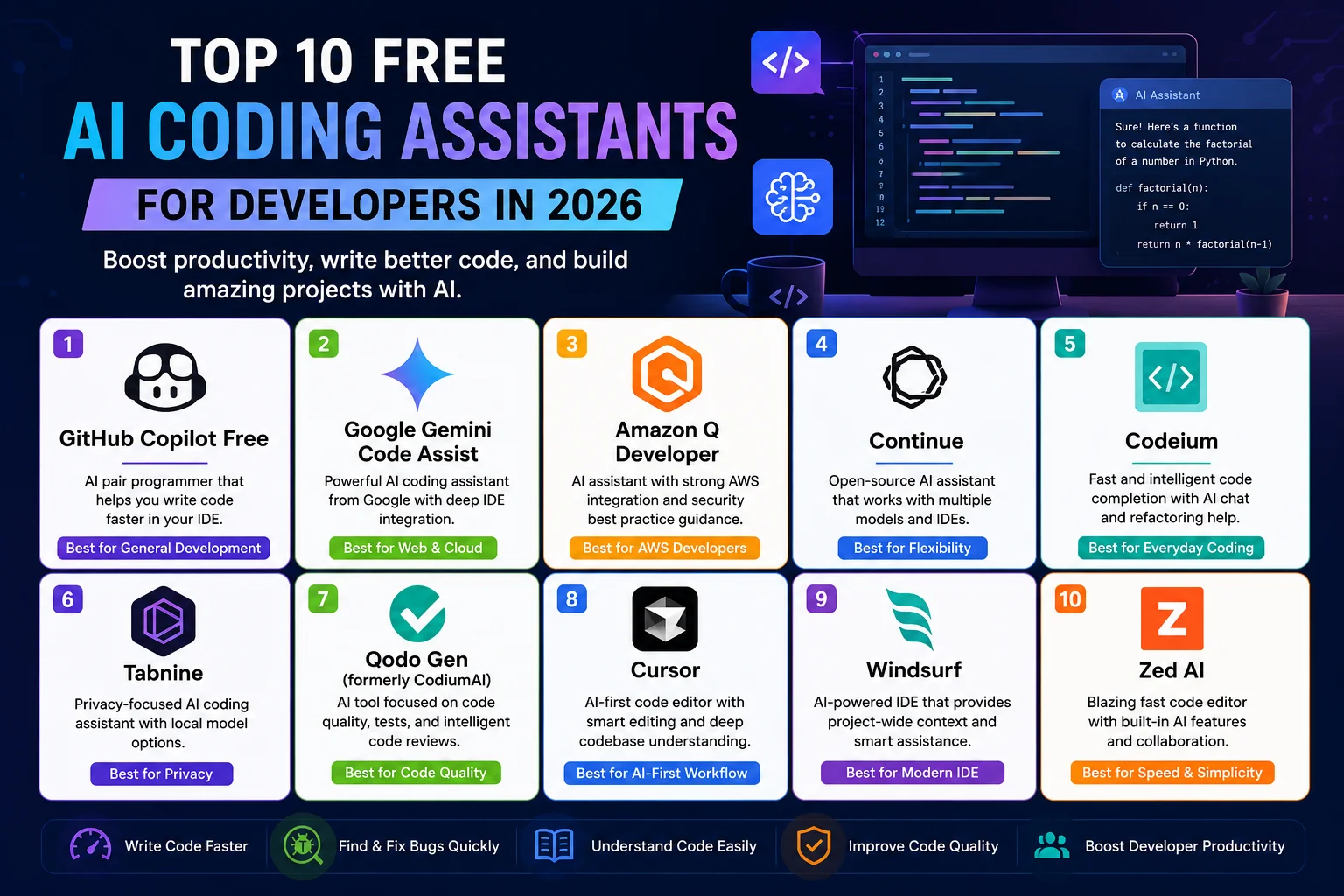 Top 10 free AI coding assistants for developers comparing GitHub Copilot Free, Google Gemini Code Assist, Amazon Q Developer, Continue, Codeium, Tabnine, Qodo Gen, Cursor, Windsurf, and Zed AI.
